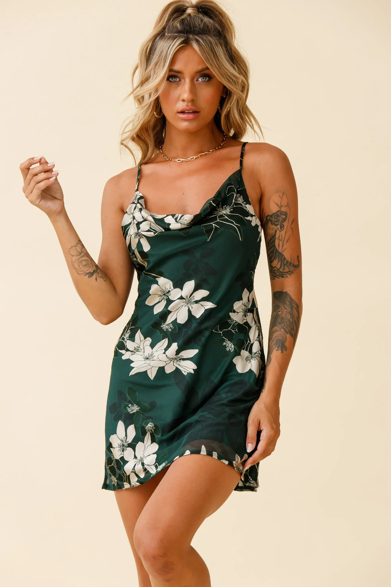Show Me Love Cowl Neck Mini Dress Flower Print Green - Image 5