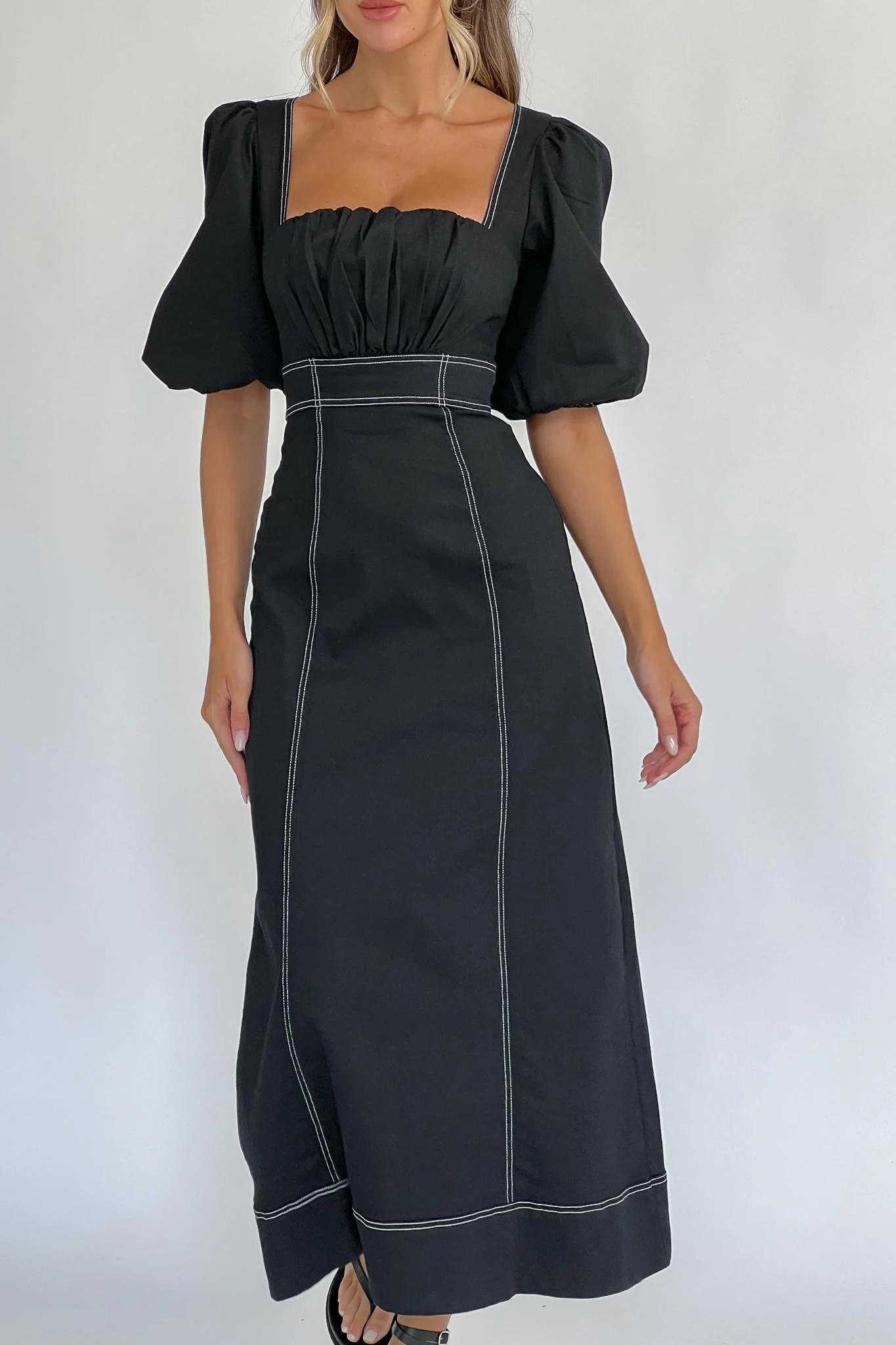 Sibille Puff Sleeve Contrast Stitch Dress Black - Image 2