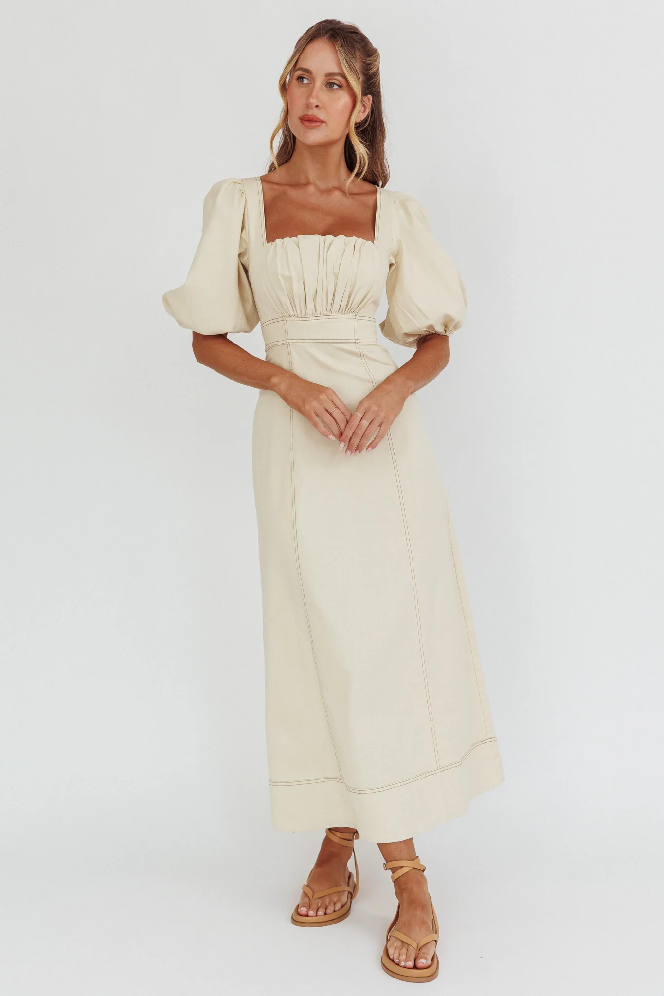 Sibille Puff Sleeve Contrast Stitch Dress Butter - Image 6
