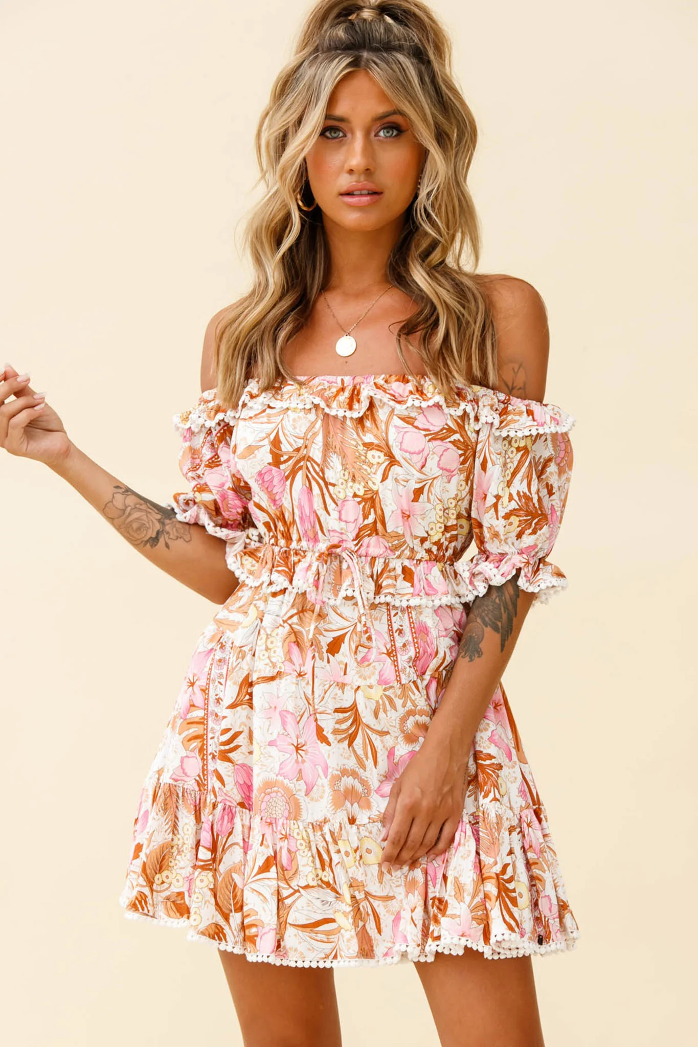 Sierra Bonita Off-Shoulder Drawstring Waist Dress Floral Print Pink Multi - Image 6