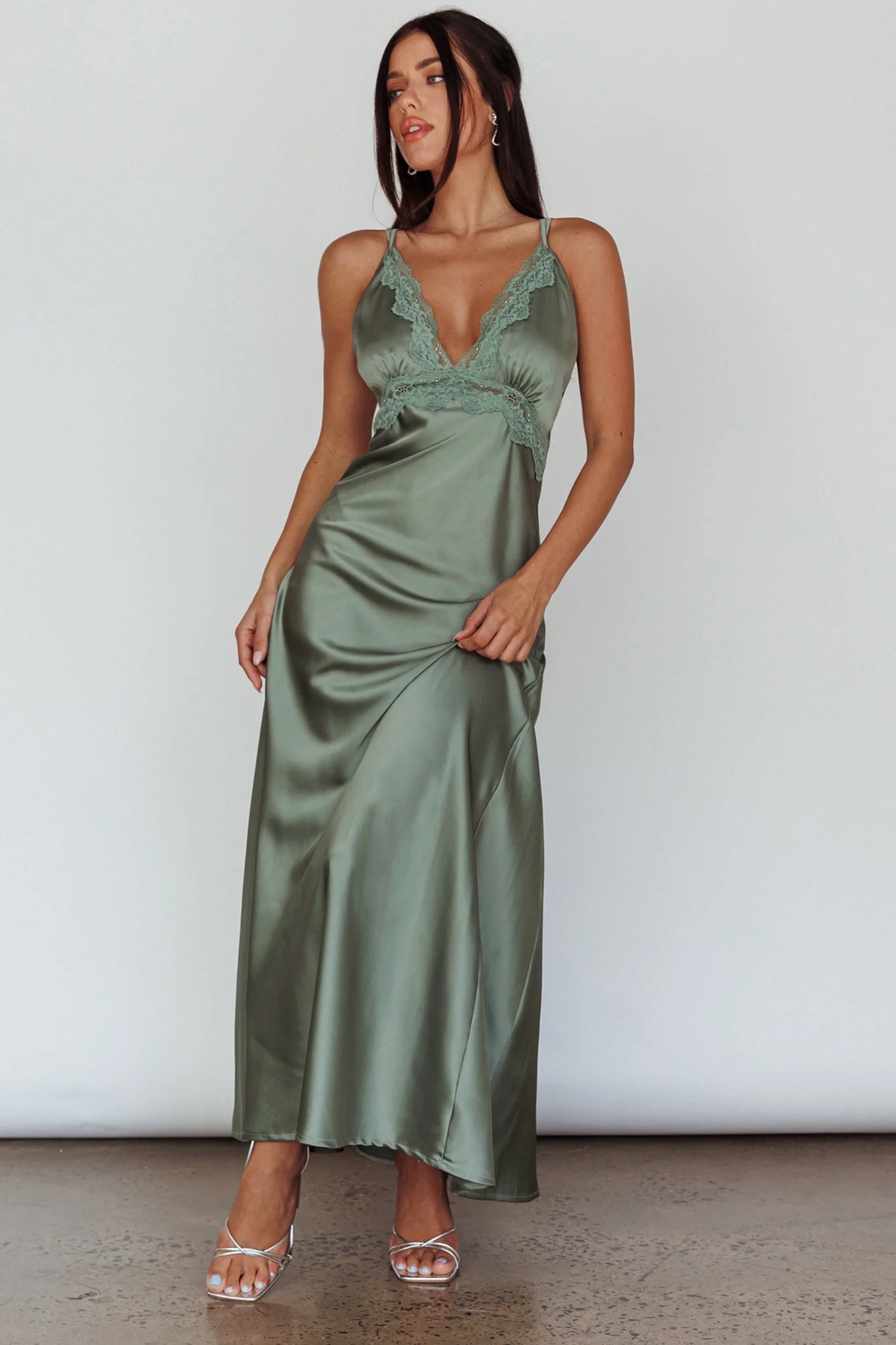 Signature Lace Trim Midi Dress Sage