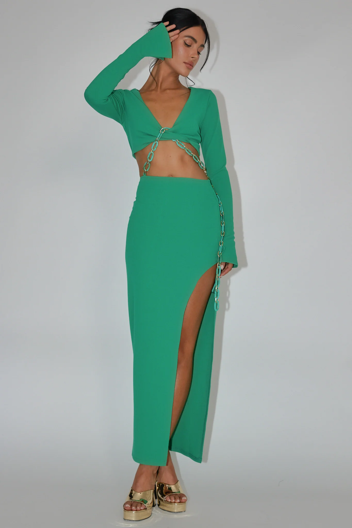 Sigournie Long Sleeve Chain Midi Dress Green - Image 3