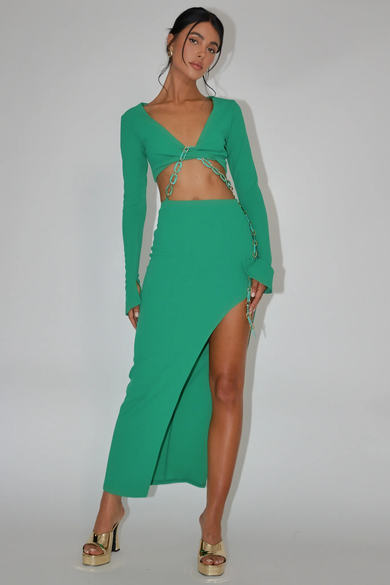 Sigournie Long Sleeve Chain Midi Dress Green - Image 5