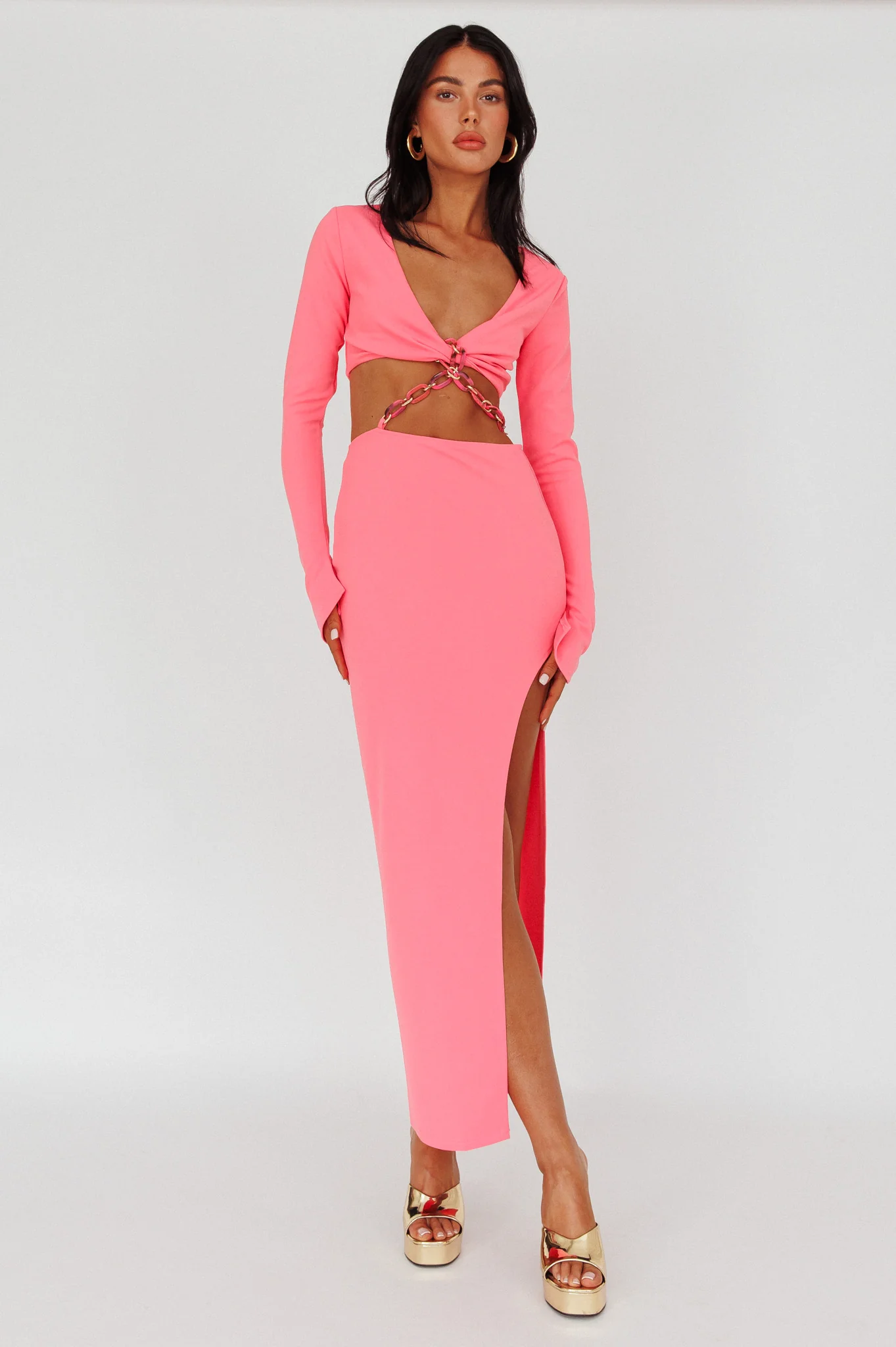 Sigournie Long Sleeve Chain Midi Dress Pink - Image 3
