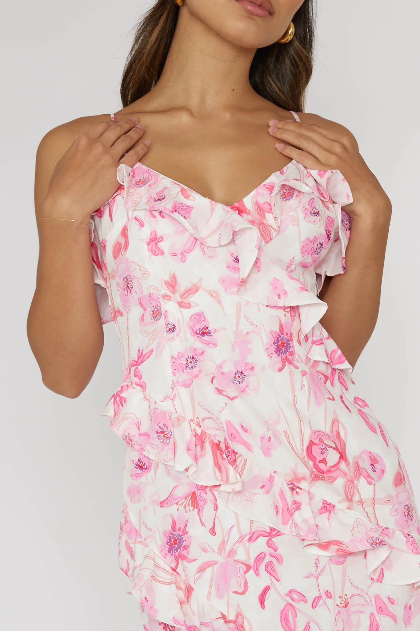 Silvana Frill Trim Midi Dress Floral Pink - Image 4