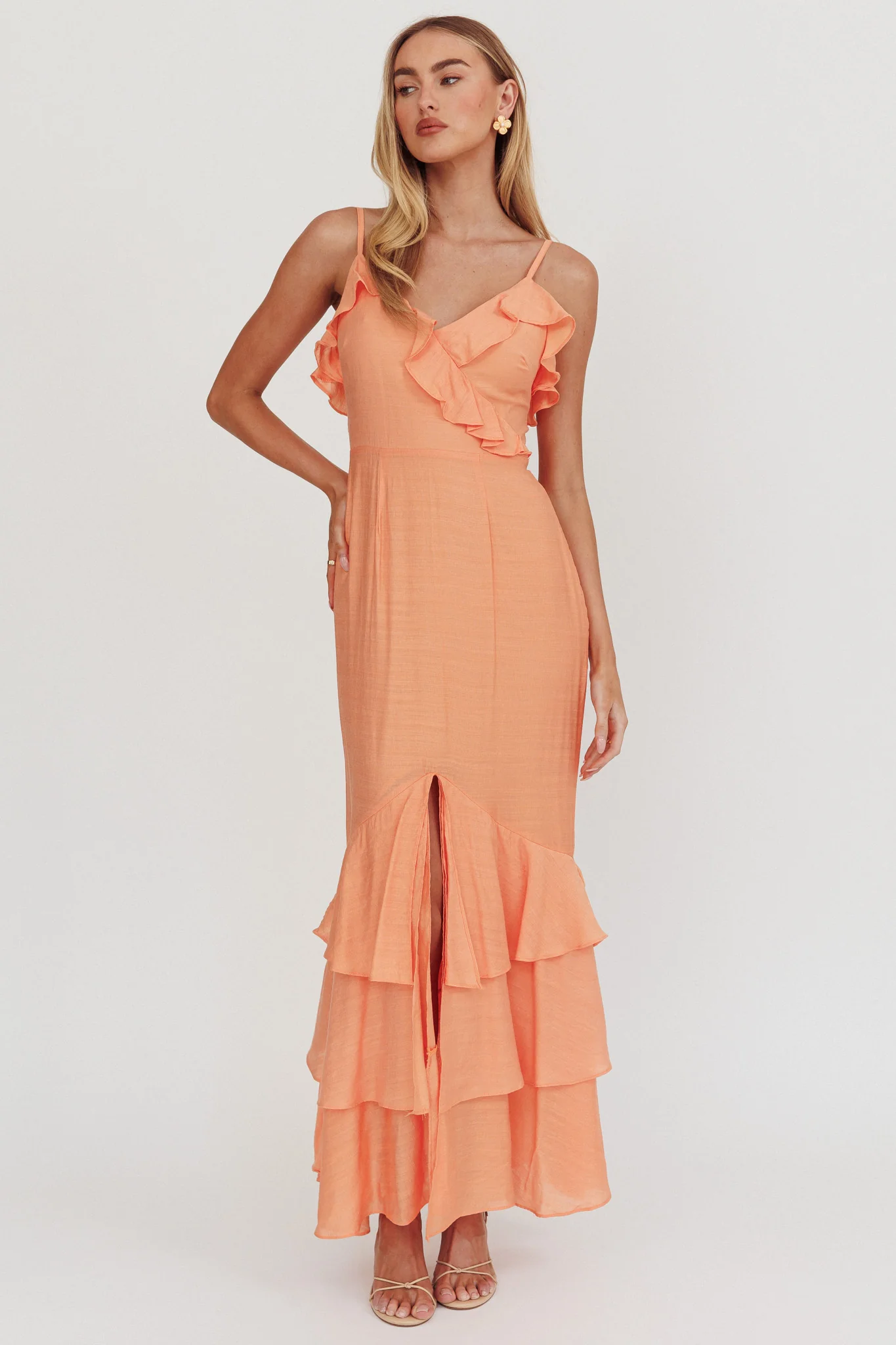 Silvana Frill Trim Split Maxi Dress Orange - Image 5