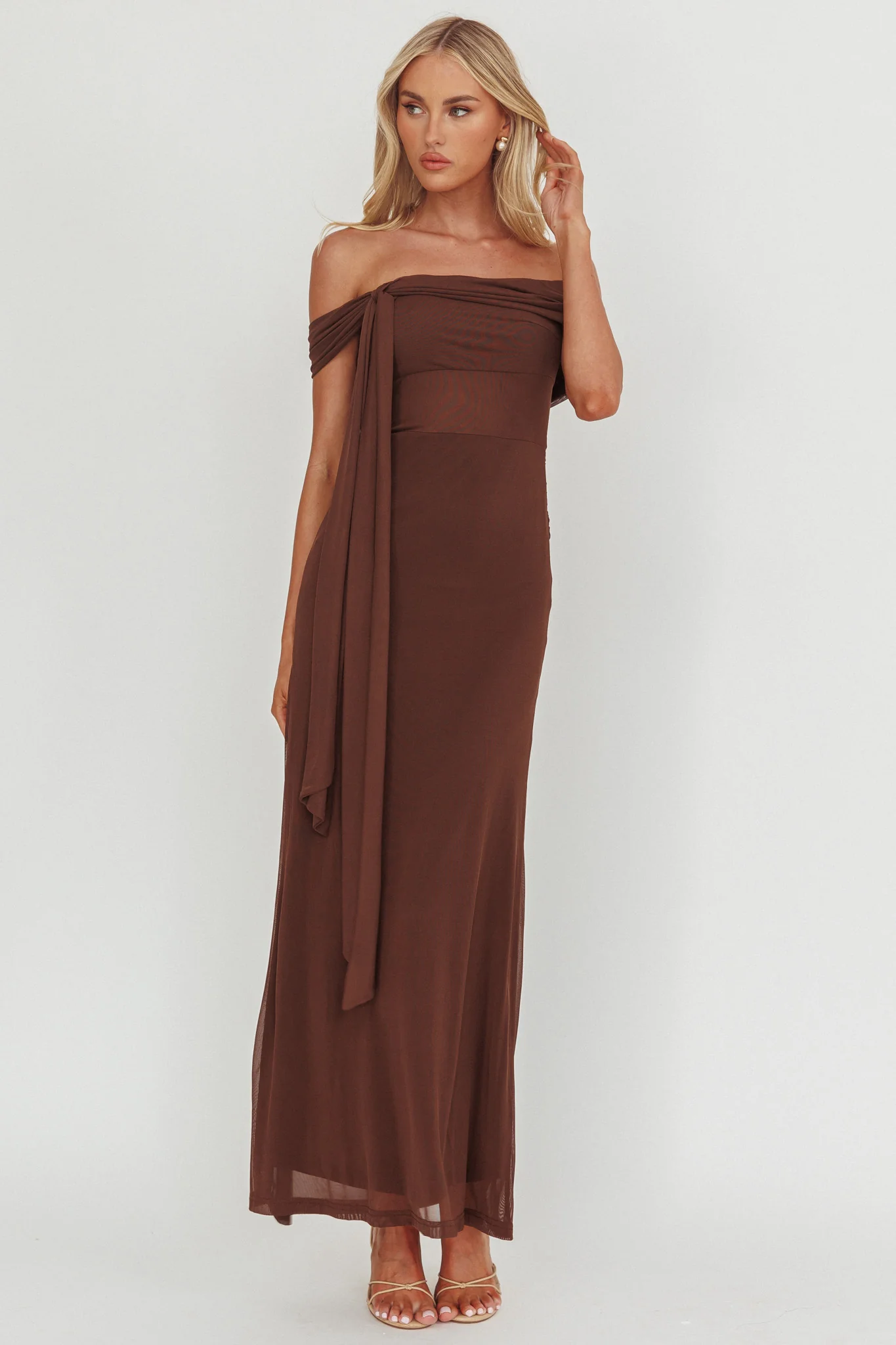 Silver Moon Tied Off-Shoulder Maxi Dress Chocolate - Image 4
