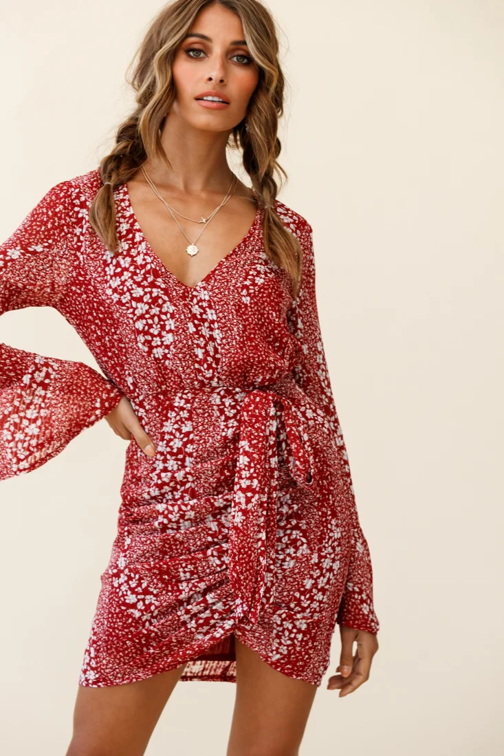 Simona Long Sleeve Wrap Style Dress Floral Print Red - Image 3