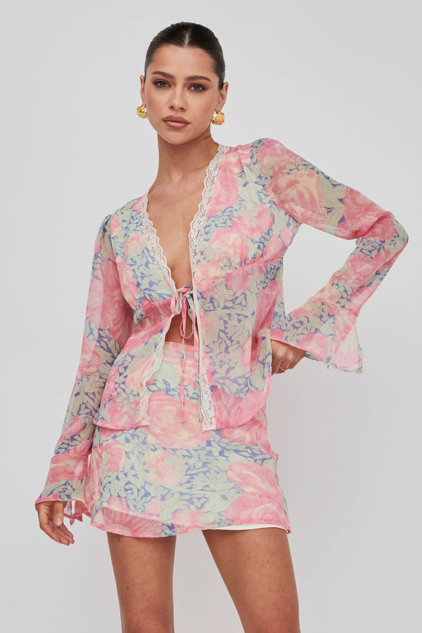 Sincerity Long Sleeve Tie Front Top Print Blue - Image 5
