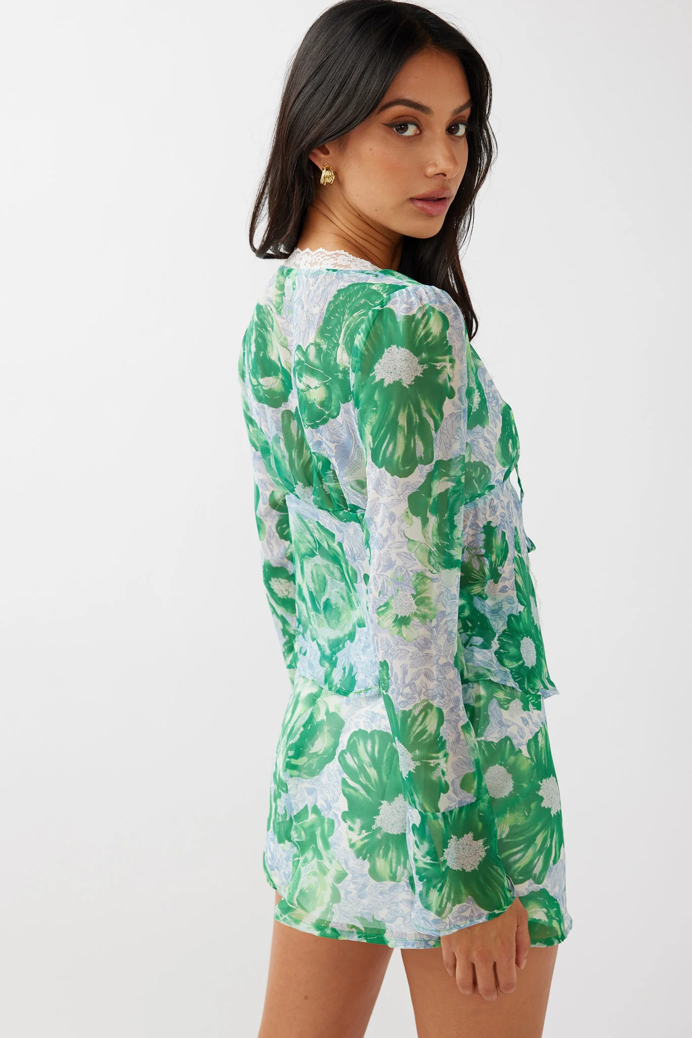 Sincerity Long Sleeve Tie Front Top Print Green - Image 3