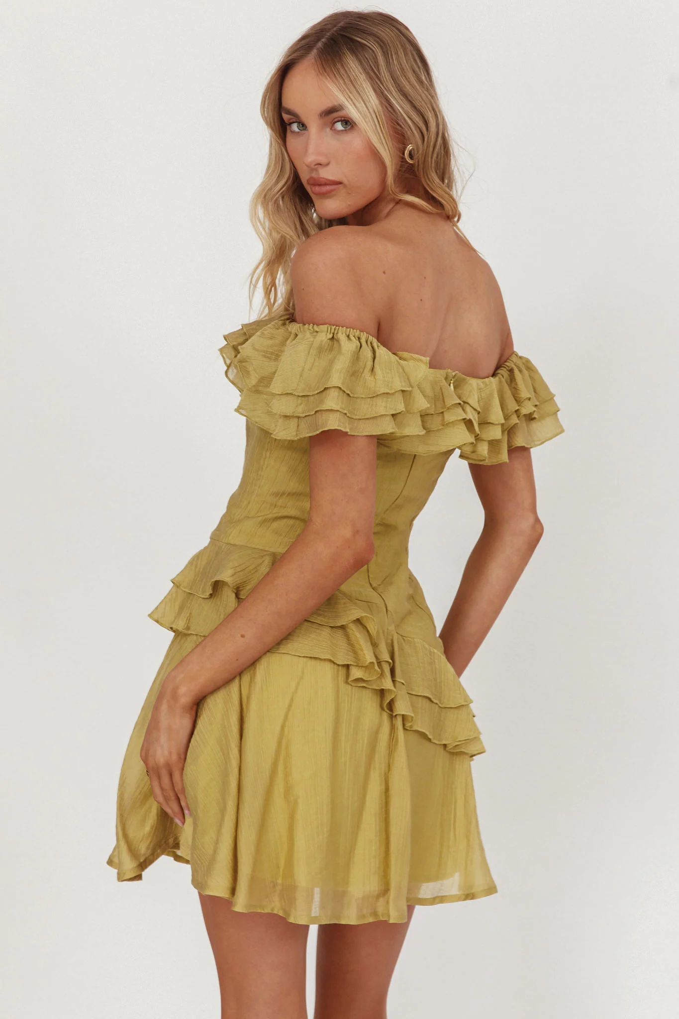 Sinclair Off-Shoulder Ruffle Trim Mini Dress Khaki - Image 2