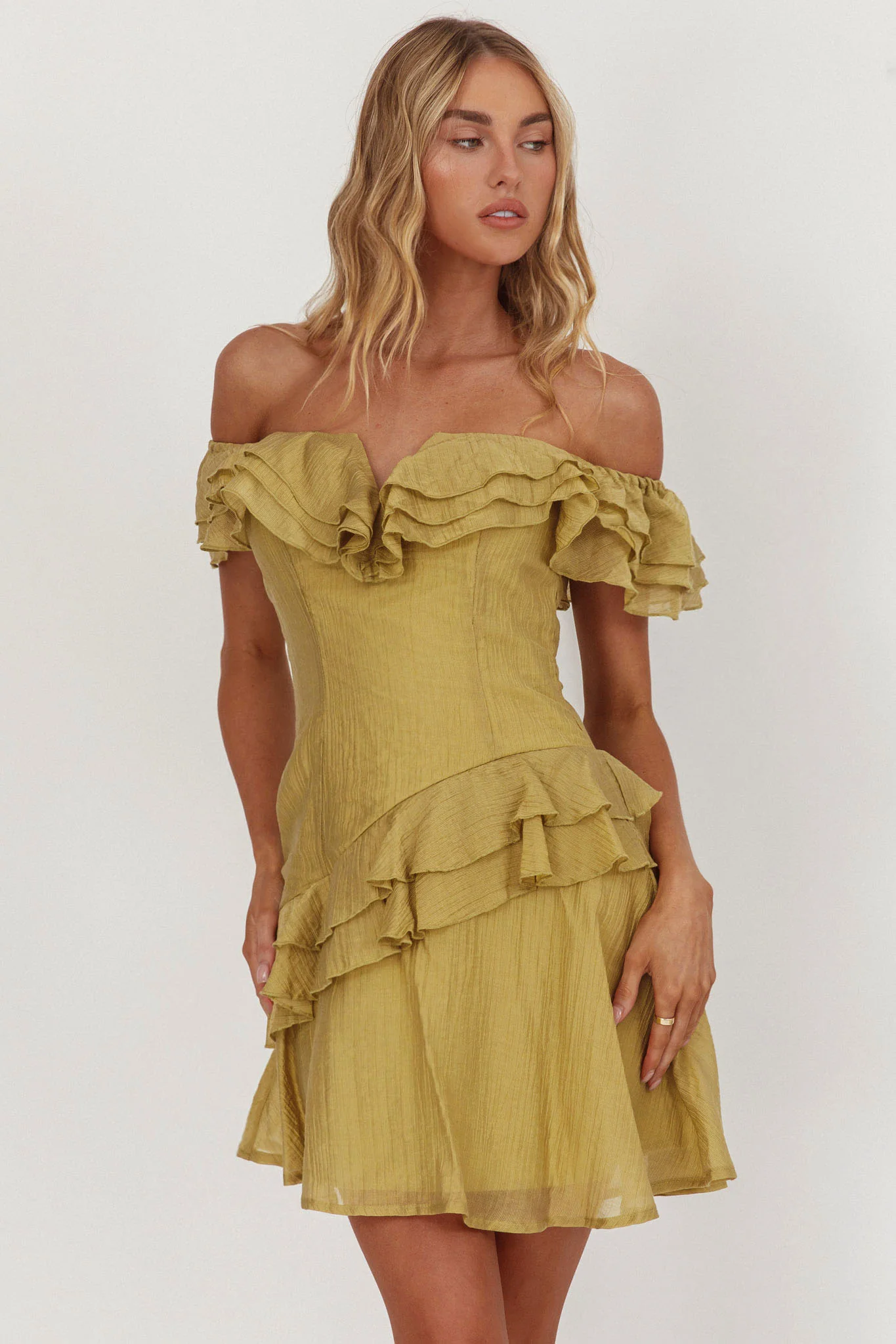 Sinclair Off-Shoulder Ruffle Trim Mini Dress Khaki - Image 5