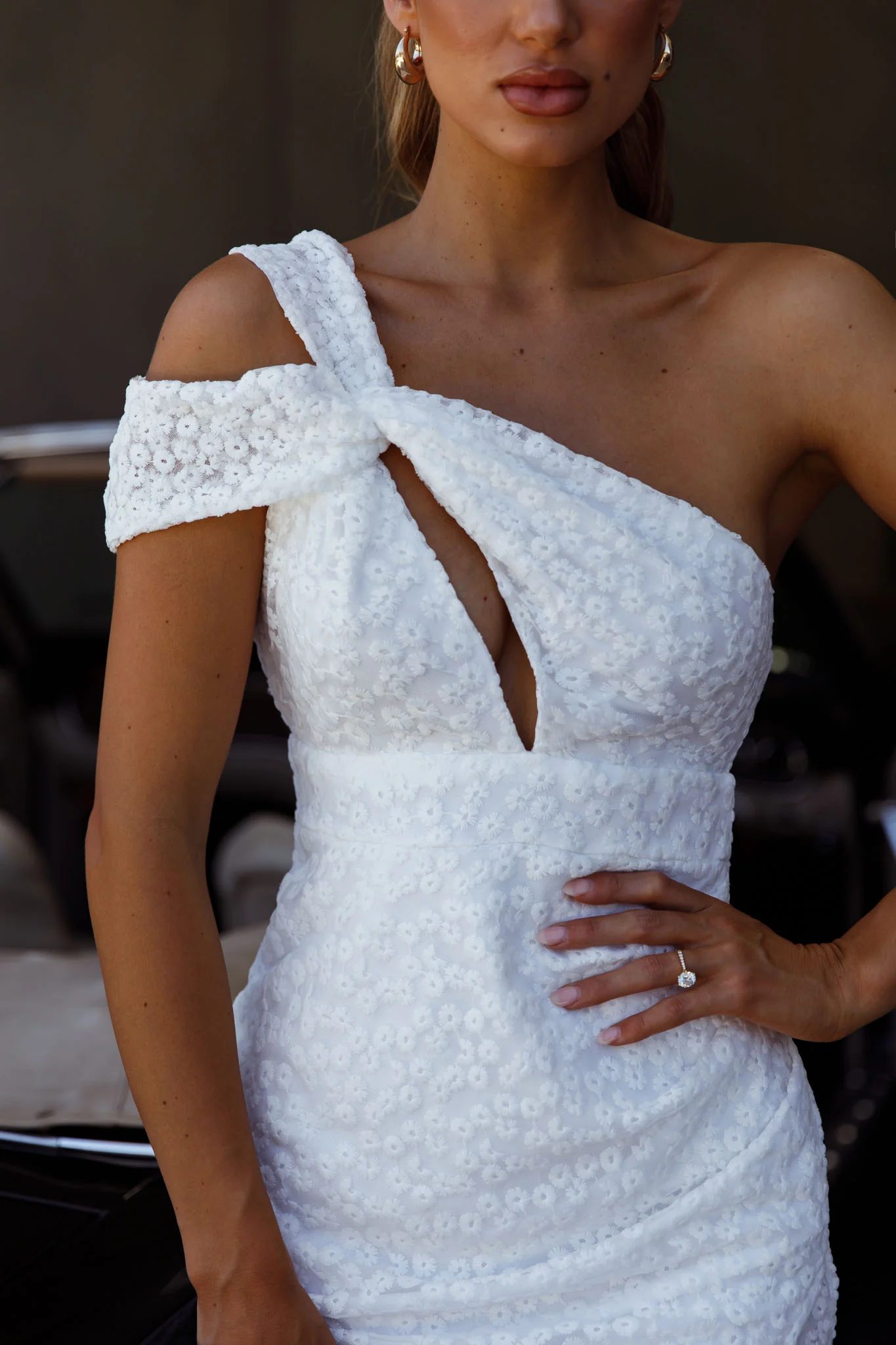 Sing Your Praises One-Shoulder Keyhole Bust Embroidery Mini Dress White - Image 4