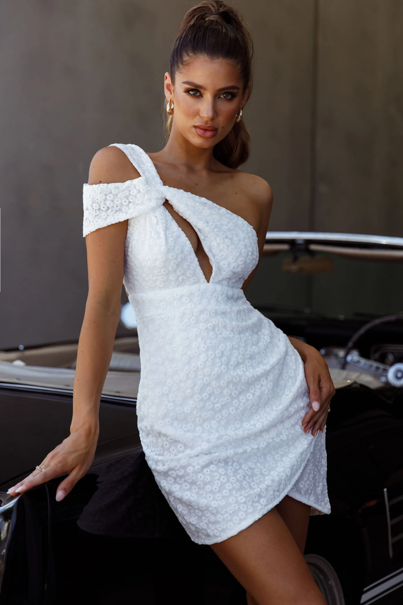 Sing Your Praises One-Shoulder Keyhole Bust Embroidery Mini Dress White - Image 5