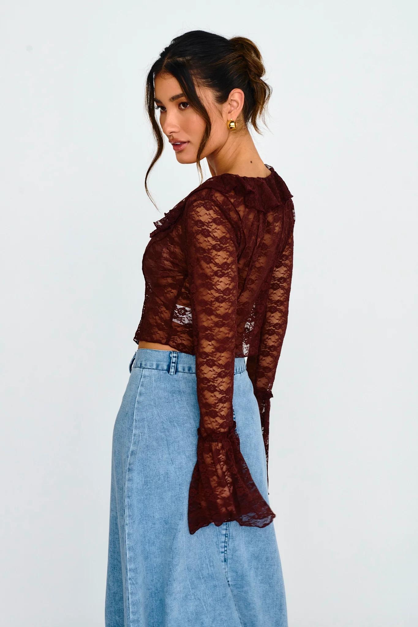 Siren Long Sleeve Tied Lace Top Brown - Image 2