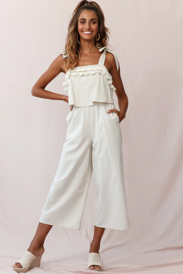 Sirocco Tassel Trim Tied Shoulder Midi Jumpsuit Natural - Image 2