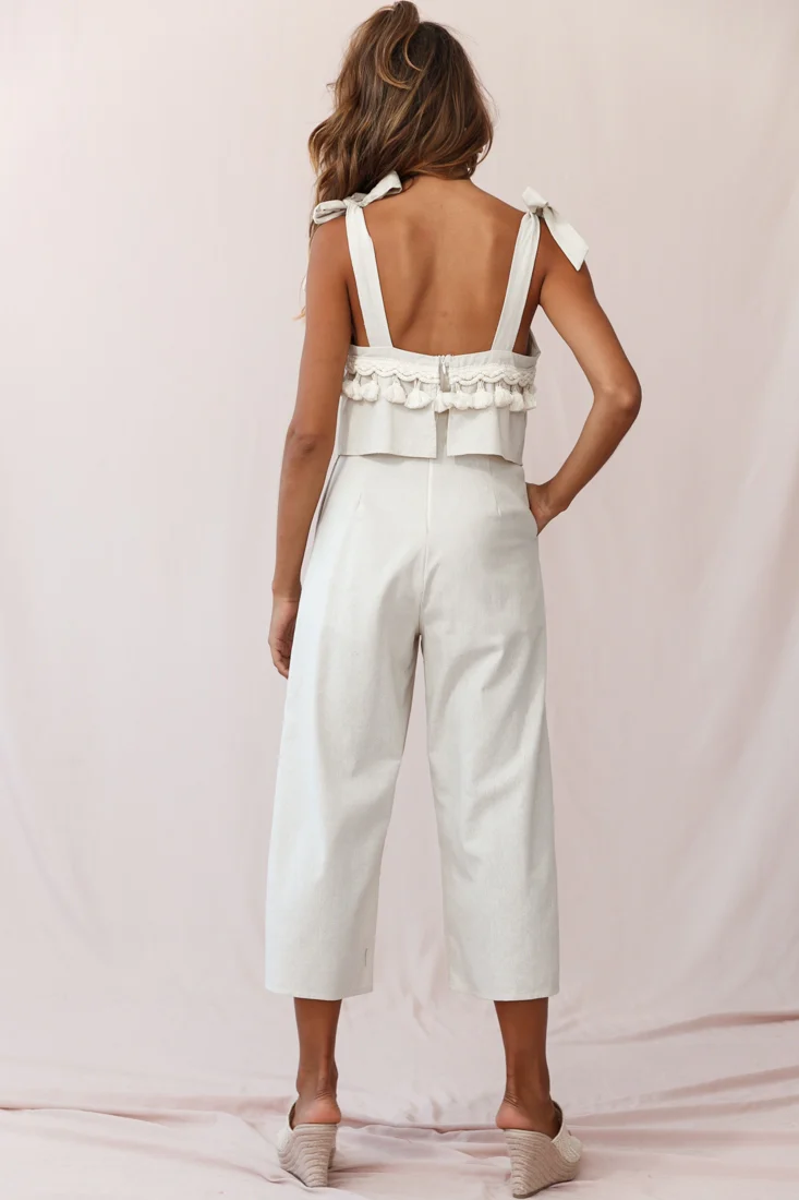 Sirocco Tassel Trim Tied Shoulder Midi Jumpsuit Natural - Image 4