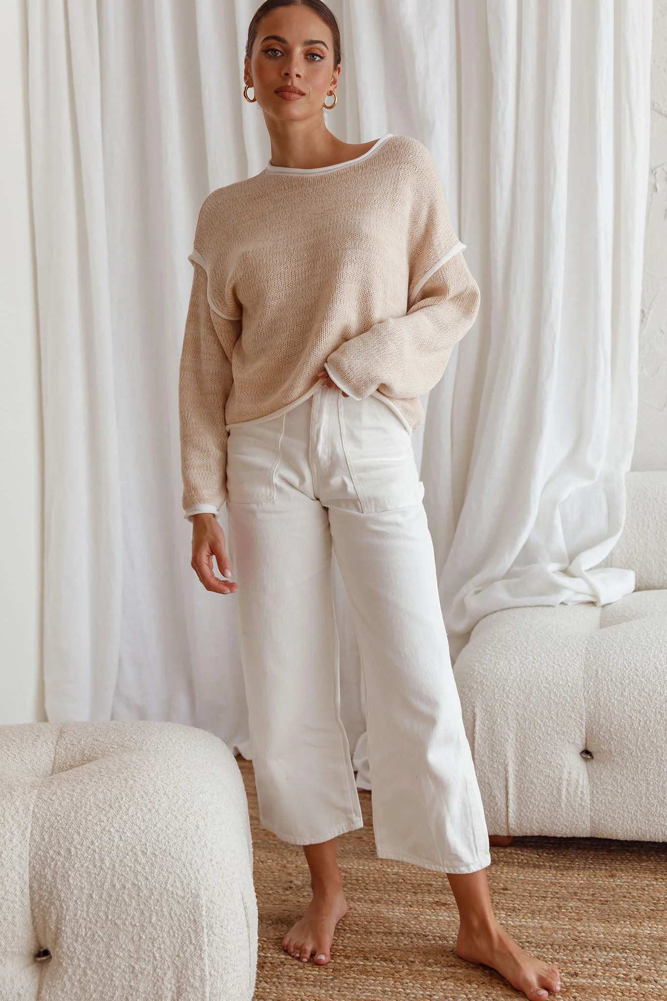 Sitting Pretty Drop Sleeve White Trim Knit Sweater Stone - Image 3