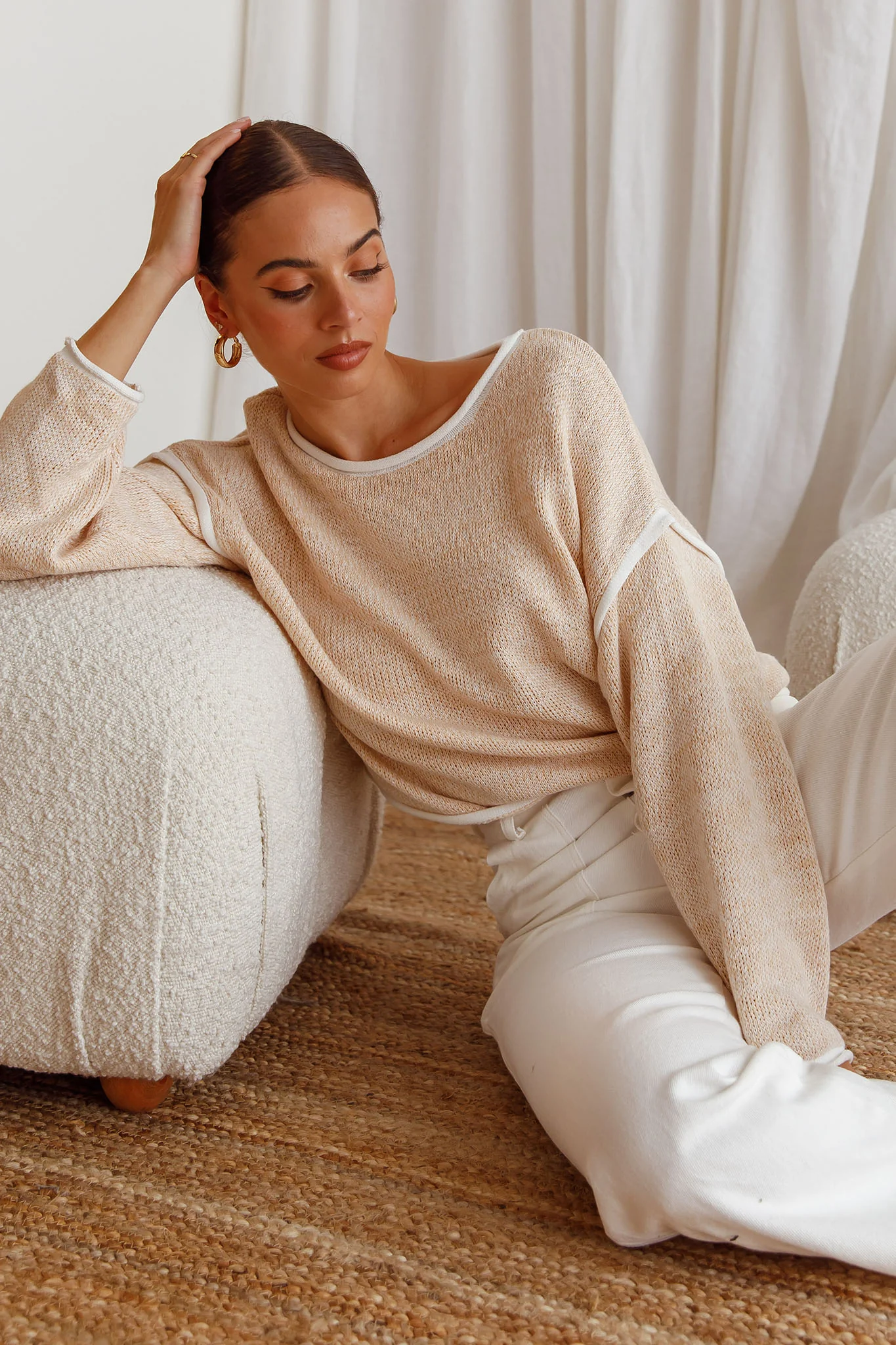 Sitting Pretty Drop Sleeve White Trim Knit Sweater Stone - Image 4
