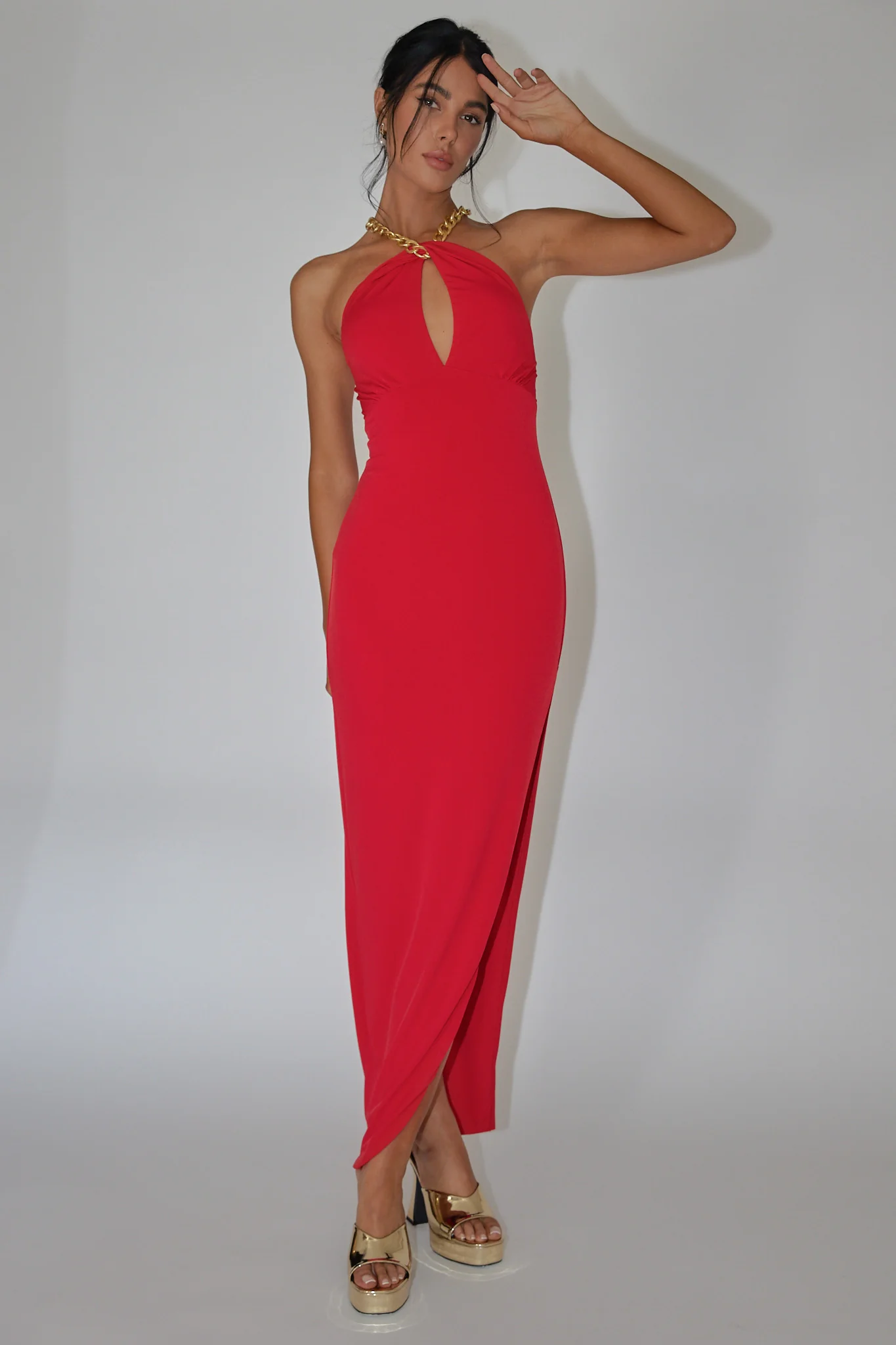 Slow Dance Chain Halter Midi Dress Red - Image 3