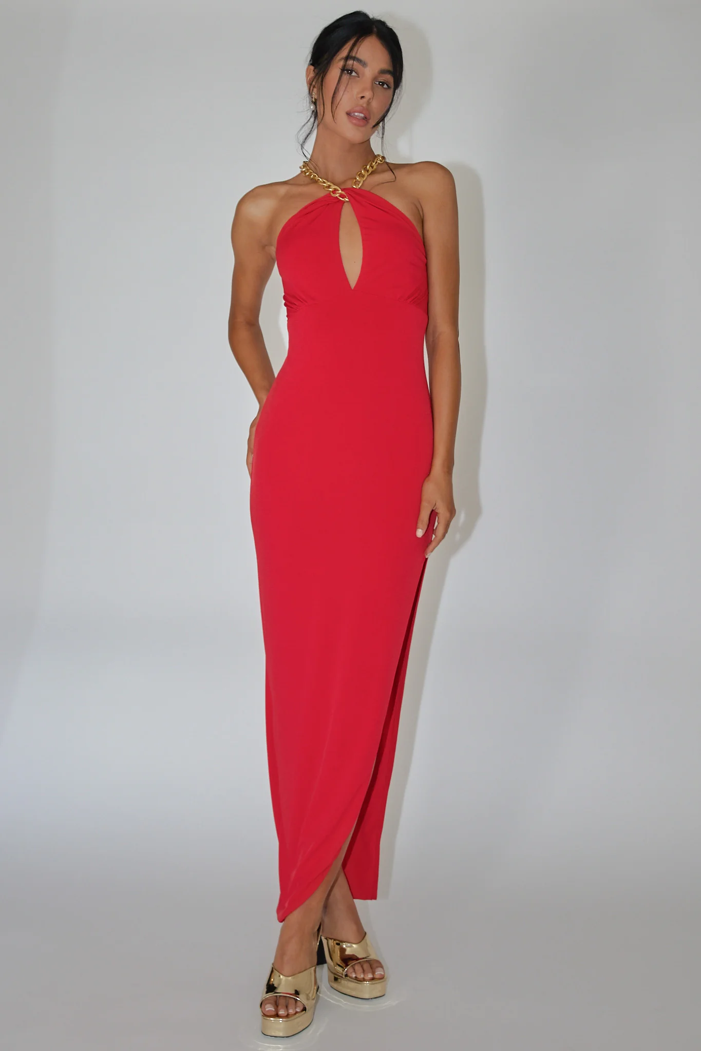 Slow Dance Chain Halter Midi Dress Red - Image 5