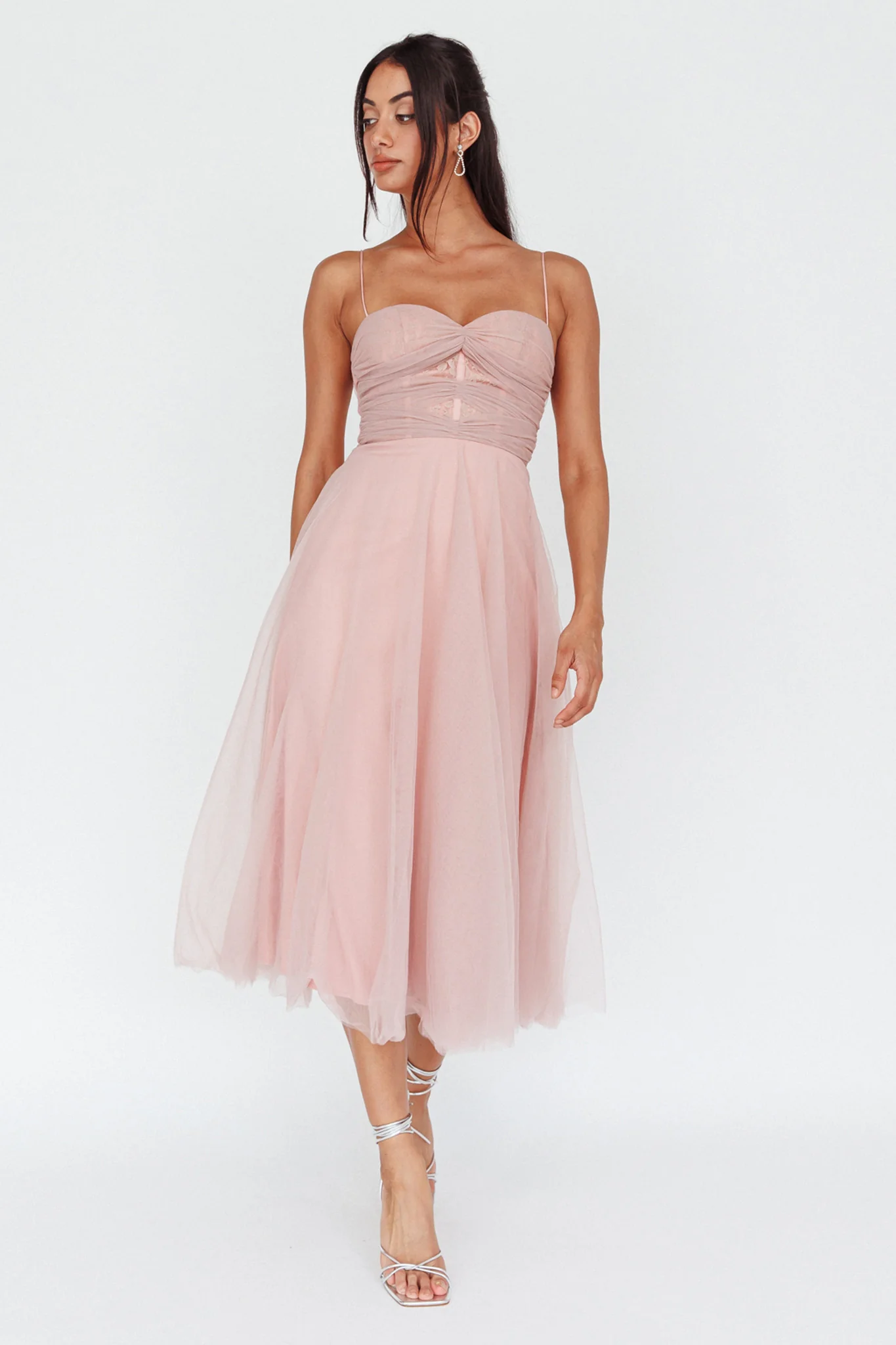 Smitten Lace Insert Tulle Midi Dress Blush - Image 3