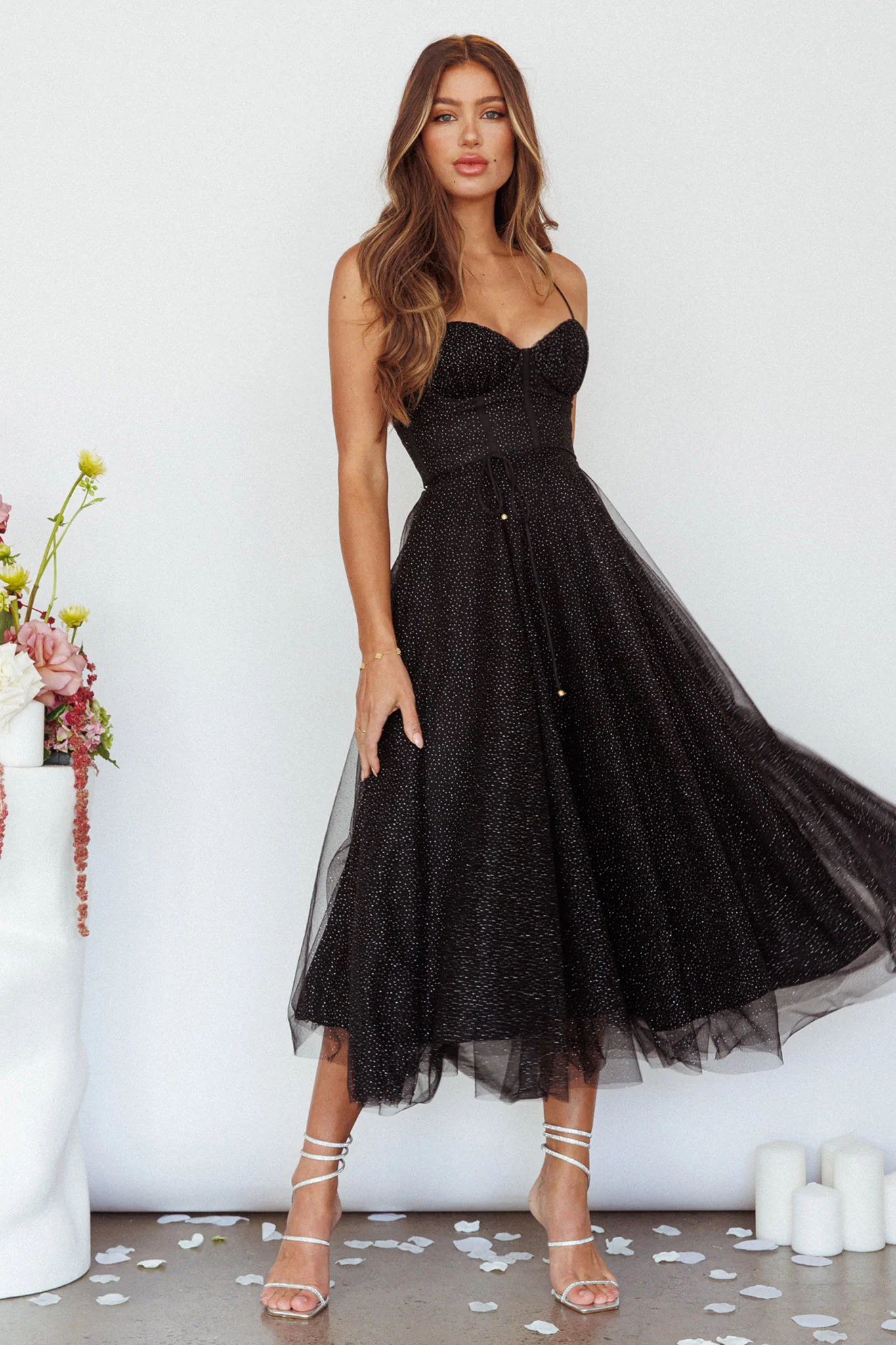 Smitten Sweetheart Neckline Chiffon Midi Dress Black Sparkle - Image 7