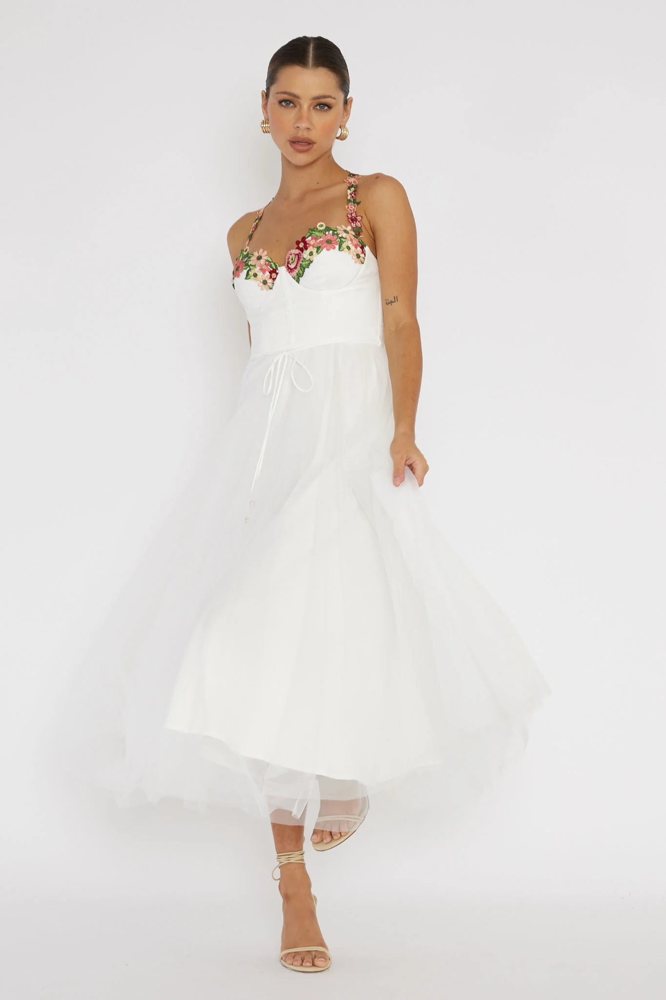 Smitten Sweetheart Neckline Floral Trim Dress White - Image 3
