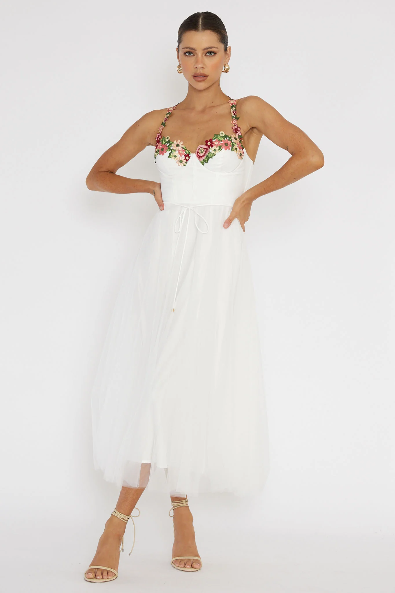Smitten Sweetheart Neckline Floral Trim Dress White - Image 5