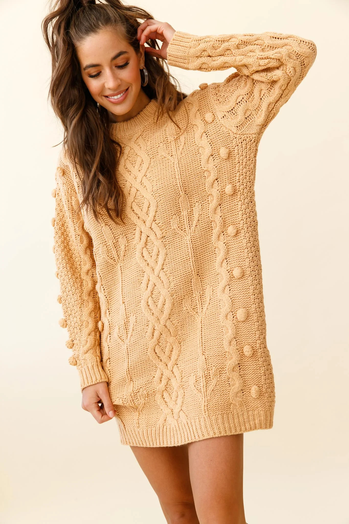 Snowstorm Pom Pom Detail Knit Sweater Dress Mustard - Image 4