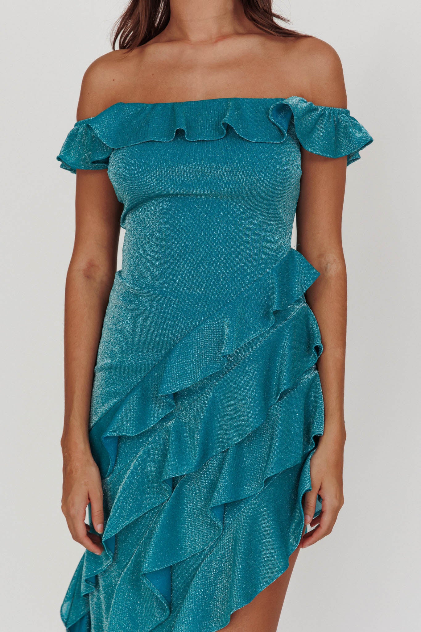 So Into You Off Shoulder Glitter Ruffle Dress Jade - Image 4