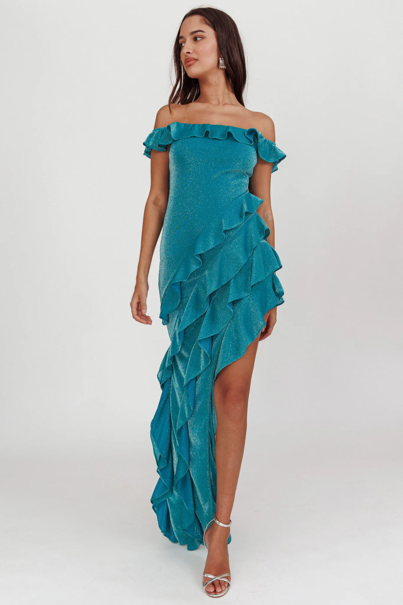 So Into You Off Shoulder Glitter Ruffle Dress Jade - Image 5