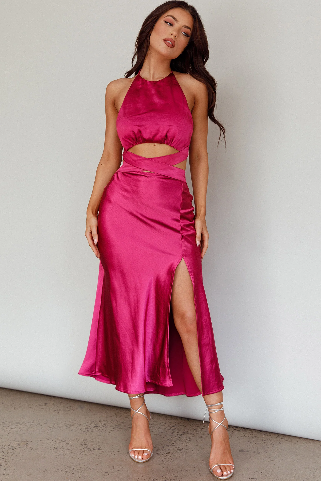 Social Butterfly Cut-Out Waist Midi Dress Fuchsia - Image 3