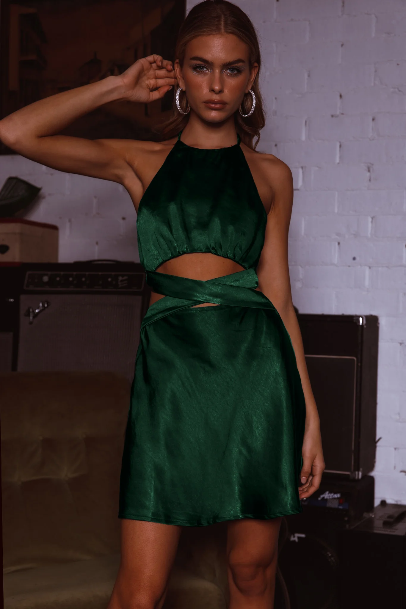 Social Butterfly Cut-Out Waist Mini Dress Forest Green - Image 6