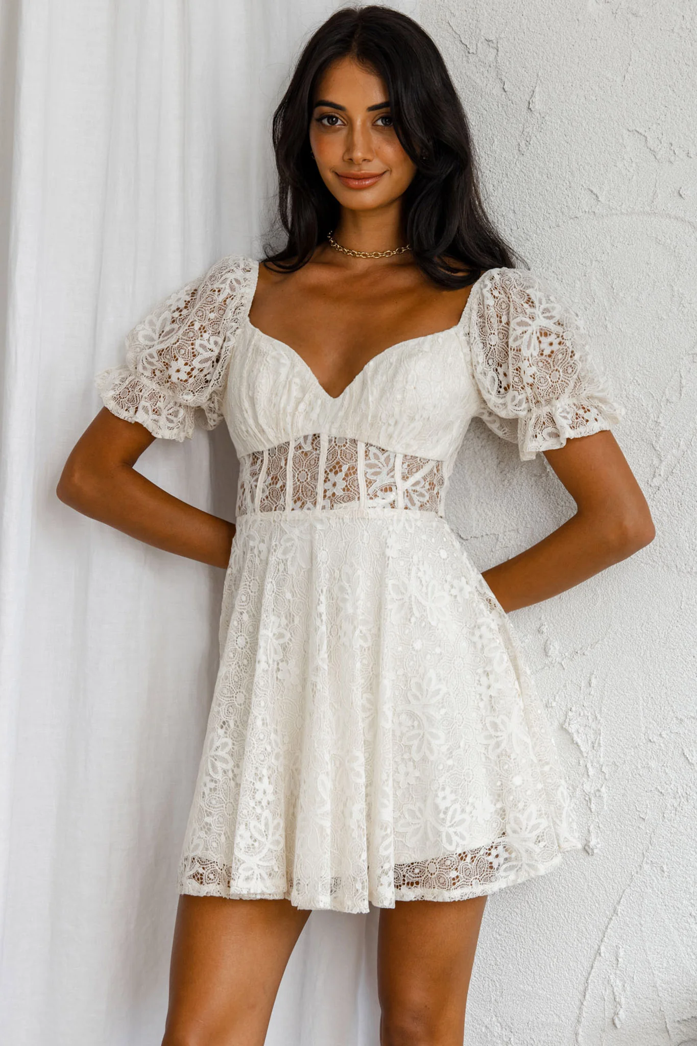 Soho Puff Sleeve Tied Back Lace Mini Dress Cream - Image 5