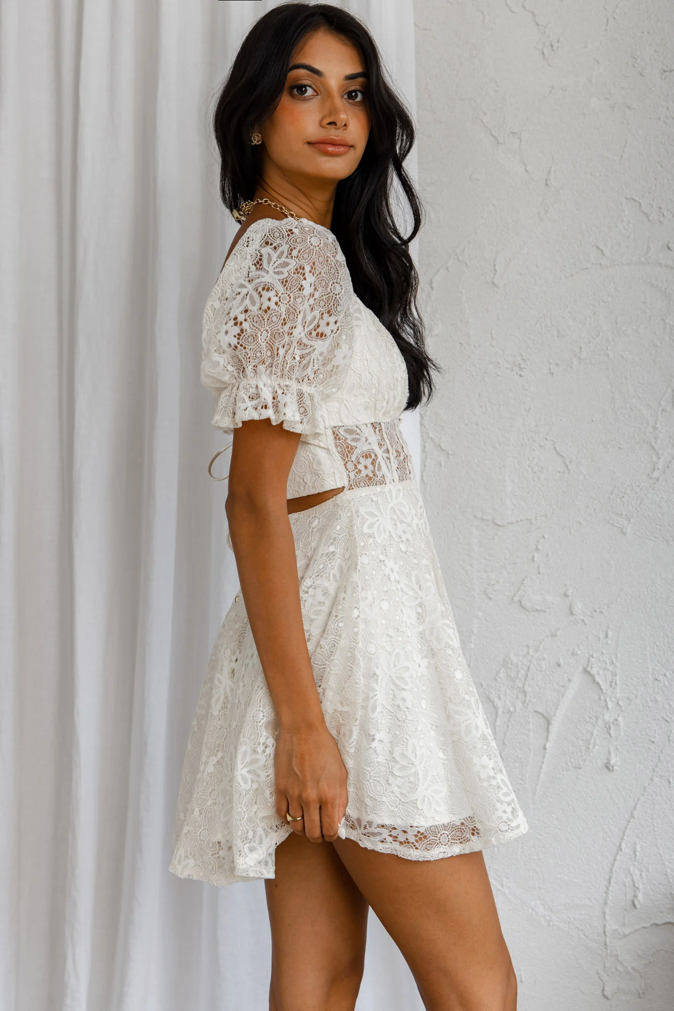 Soho Puff Sleeve Tied Back Lace Mini Dress Cream - Image 7