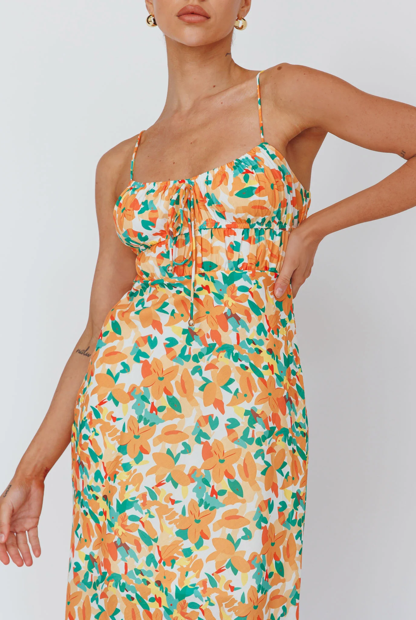 Solstice Noon Tied Bust Midi Dress Print Orange - Image 4