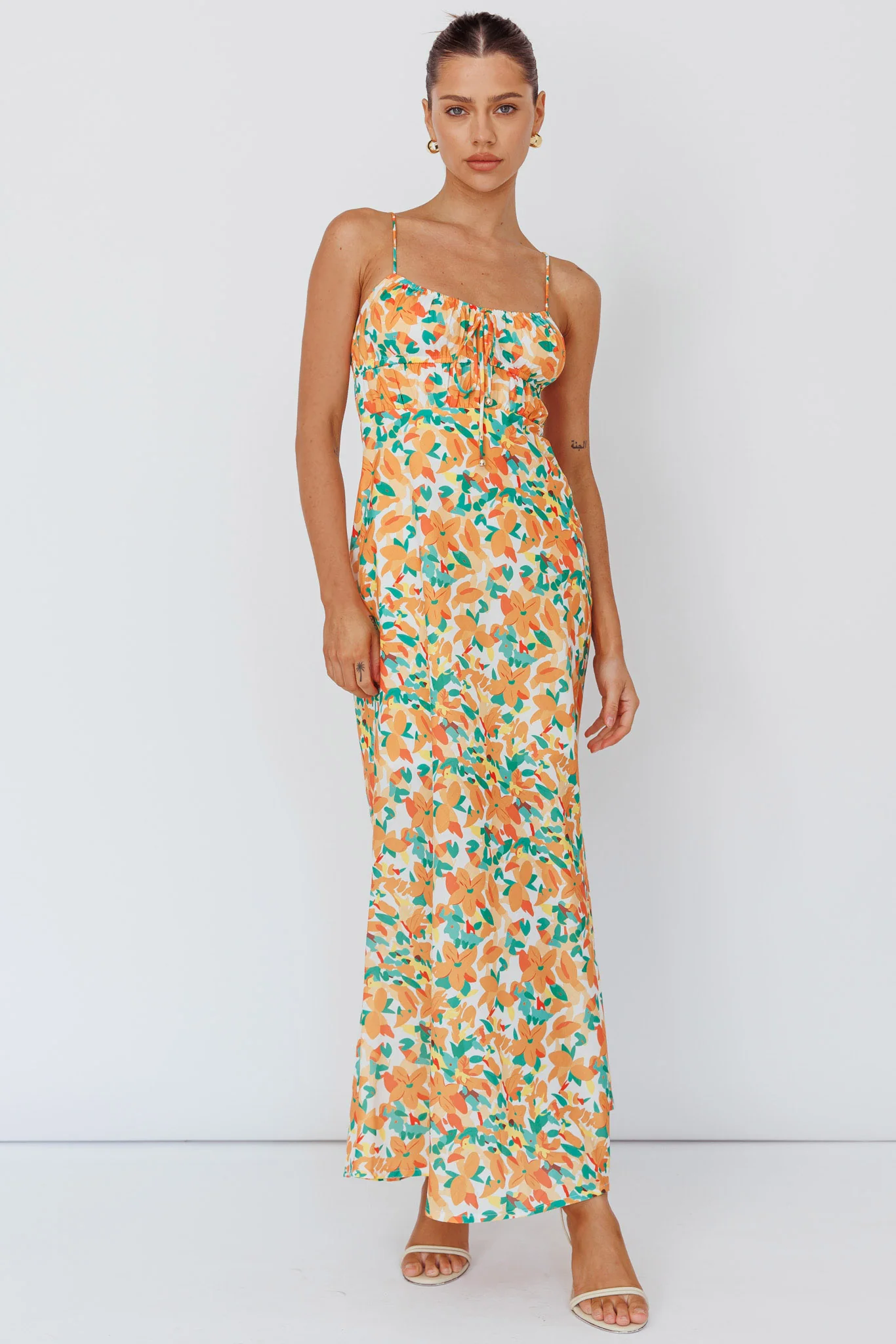 Solstice Noon Tied Bust Midi Dress Print Orange - Image 5