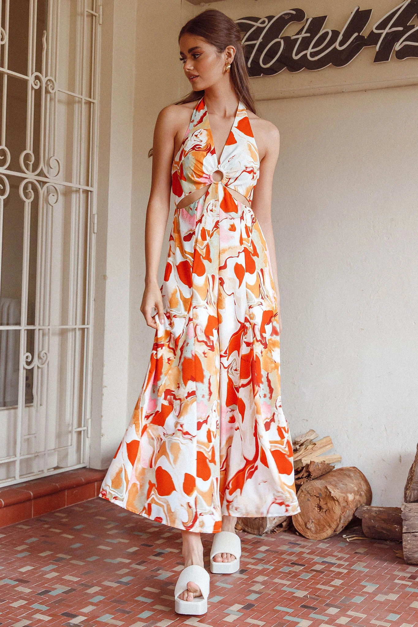 Solstice Sun Halterneck Jumpsuit Swirl Orange - Image 3