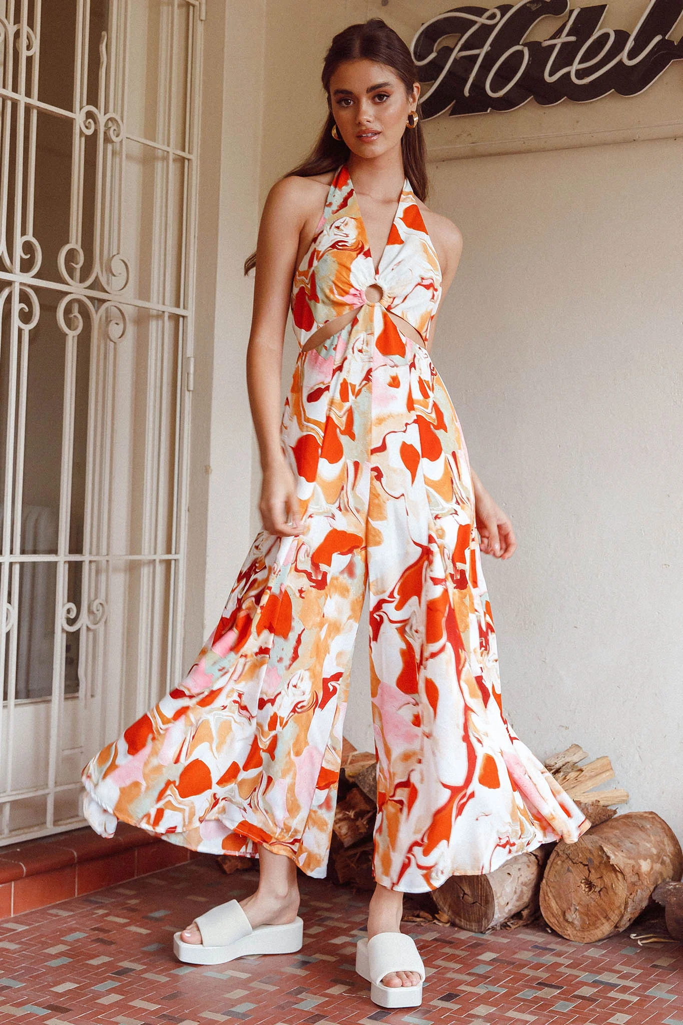 Solstice Sun Halterneck Jumpsuit Swirl Orange - Image 5