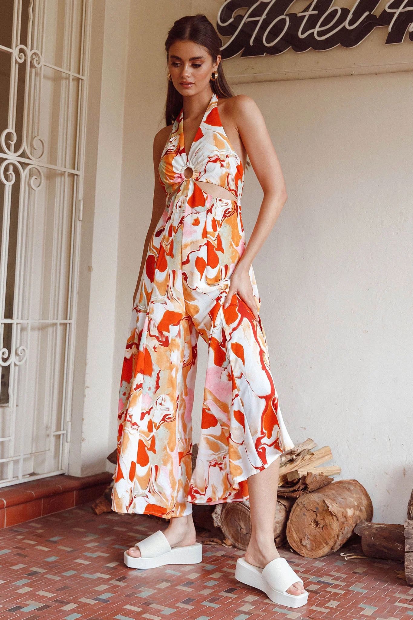 Solstice Sun Halterneck Jumpsuit Swirl Orange - Image 6