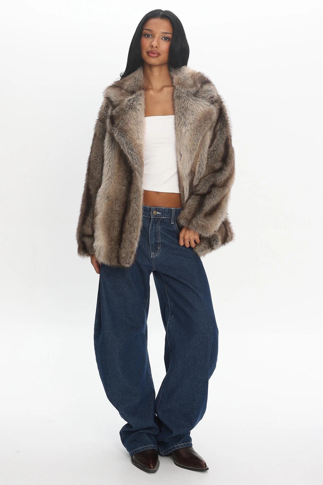Soraya Notch Lapel Faux Fur Coat Brown - Image 2
