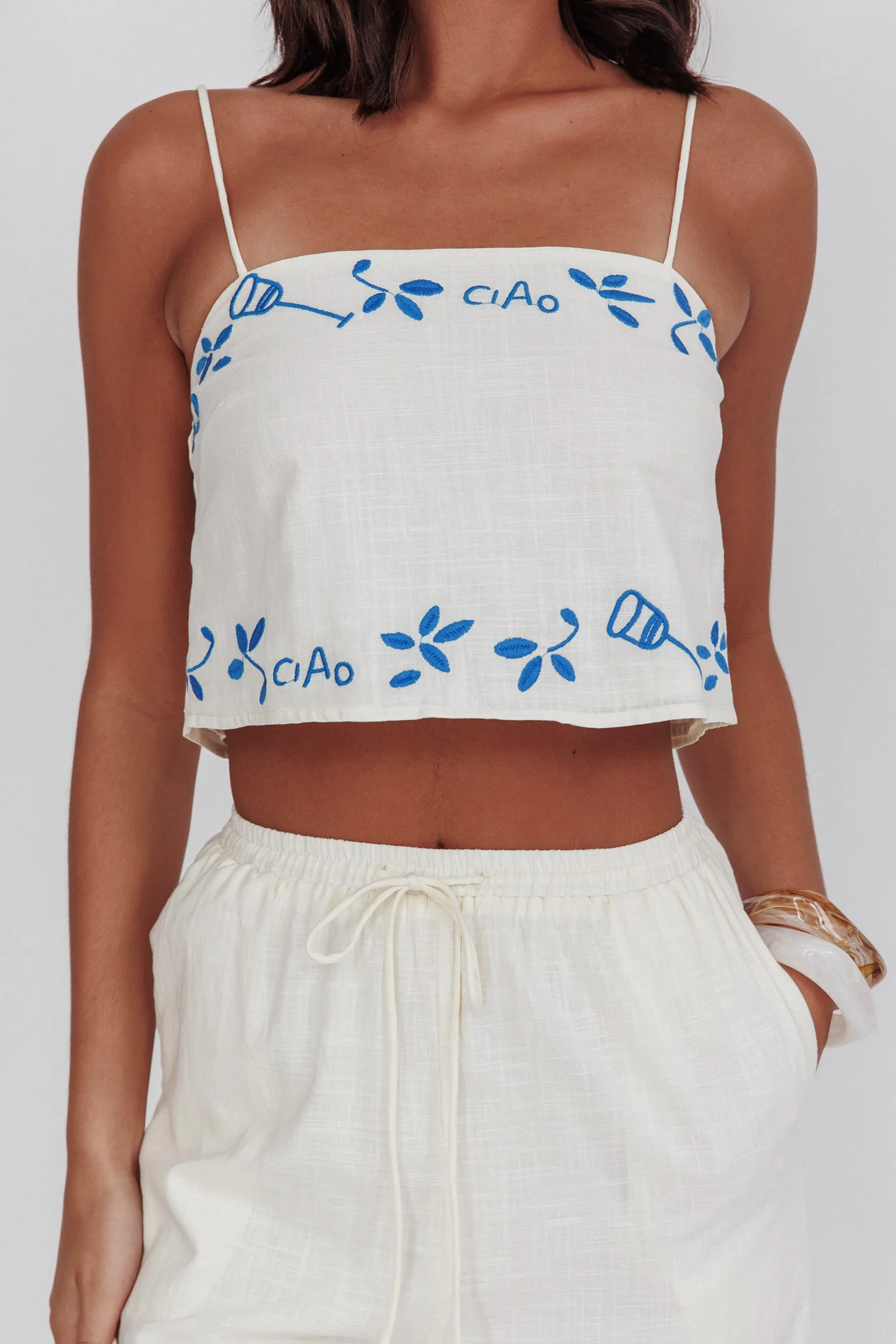 Sorrento Summer Embroidered Crop Top Beige - Image 5
