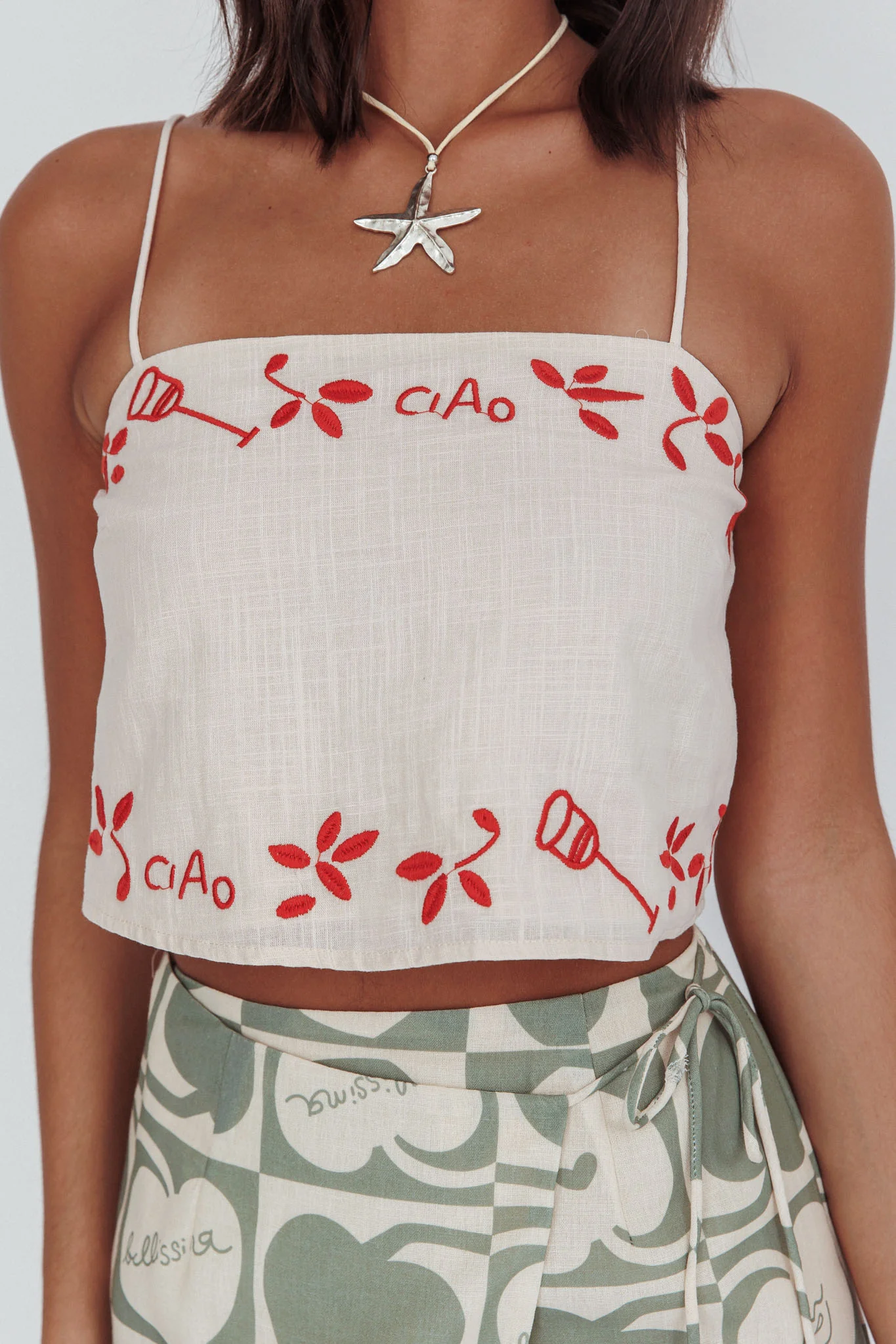 Sorrento Summer Embroidered Crop Top Oat - Image 5