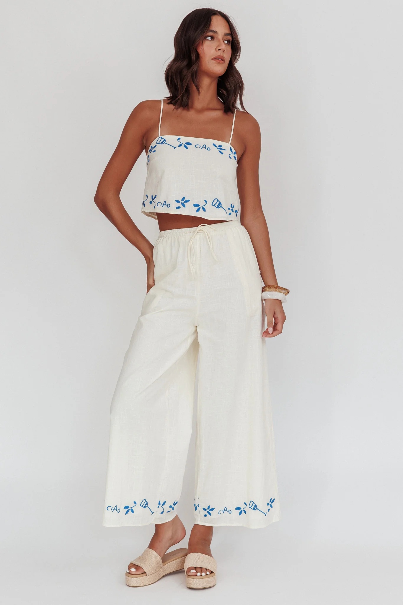 Sorrento Summer Embroidered Wide-Leg Pants Beige - Image 2