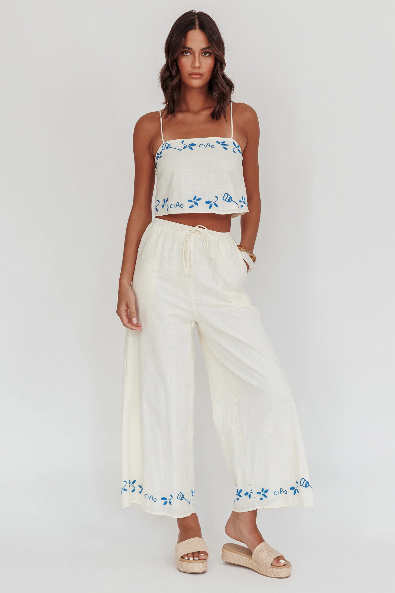Sorrento Summer Embroidered Wide-Leg Pants Beige - Image 6