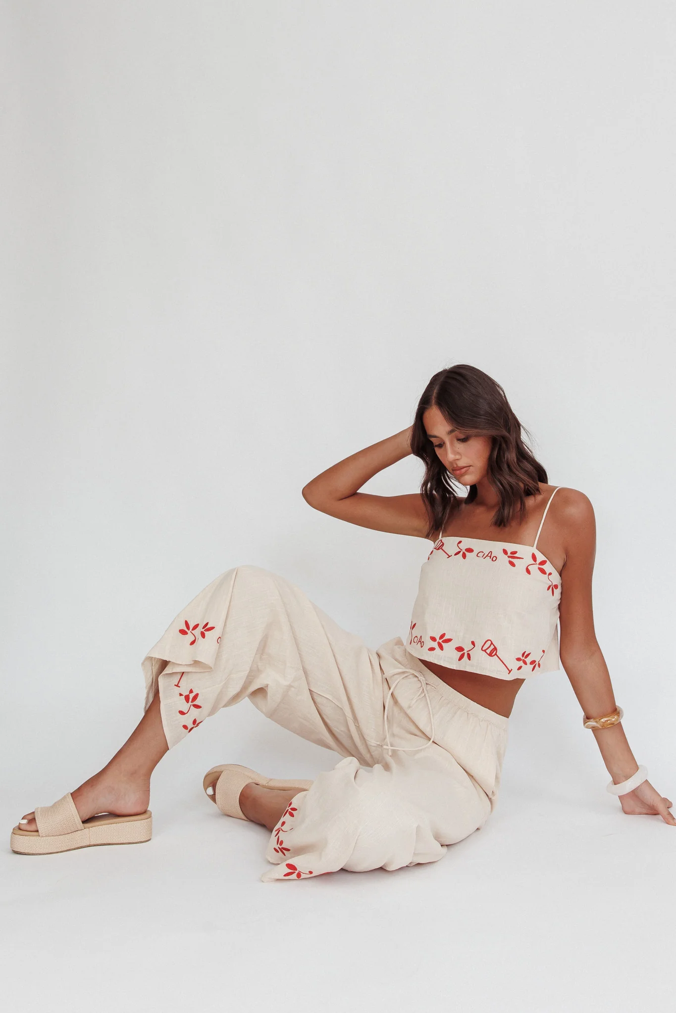 Sorrento Summer Embroidered Wide-Leg Pants Oat - Image 3