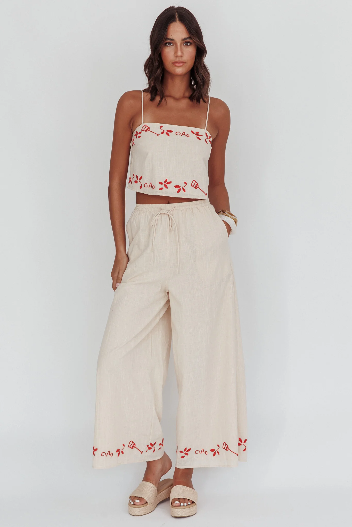 Sorrento Summer Embroidered Wide-Leg Pants Oat - Image 5