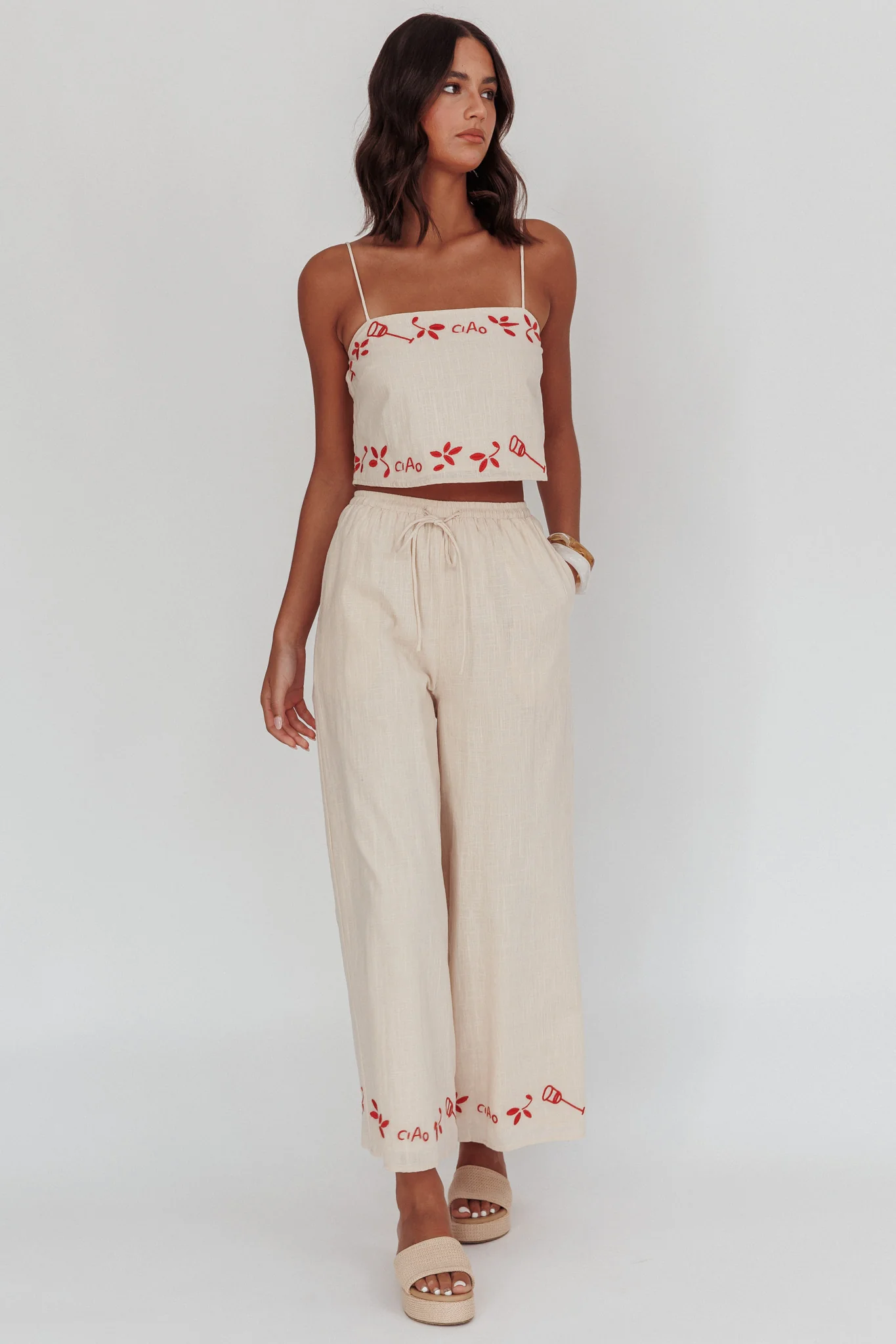 Sorrento Summer Embroidered Wide-Leg Pants Oat - Image 6