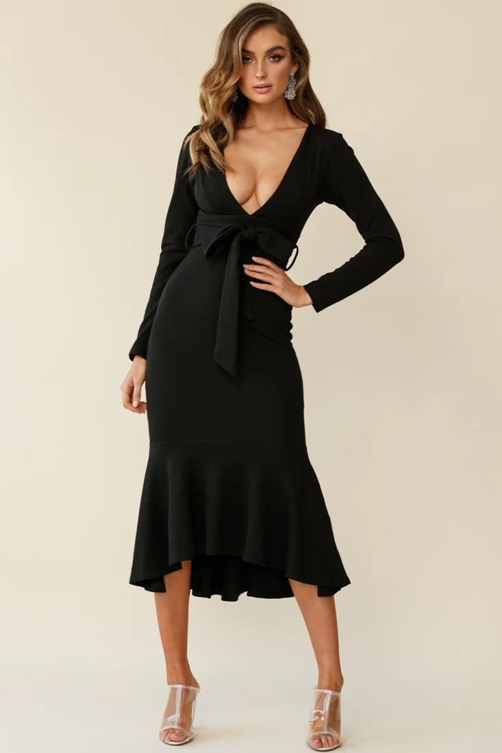 Sorry Not Sorry Long Sleeve Flounce Midi Dress Black - Image 4